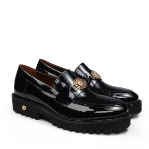 Patent Leather Super Chunky Sole Black Loafers with Golden Lion Logo