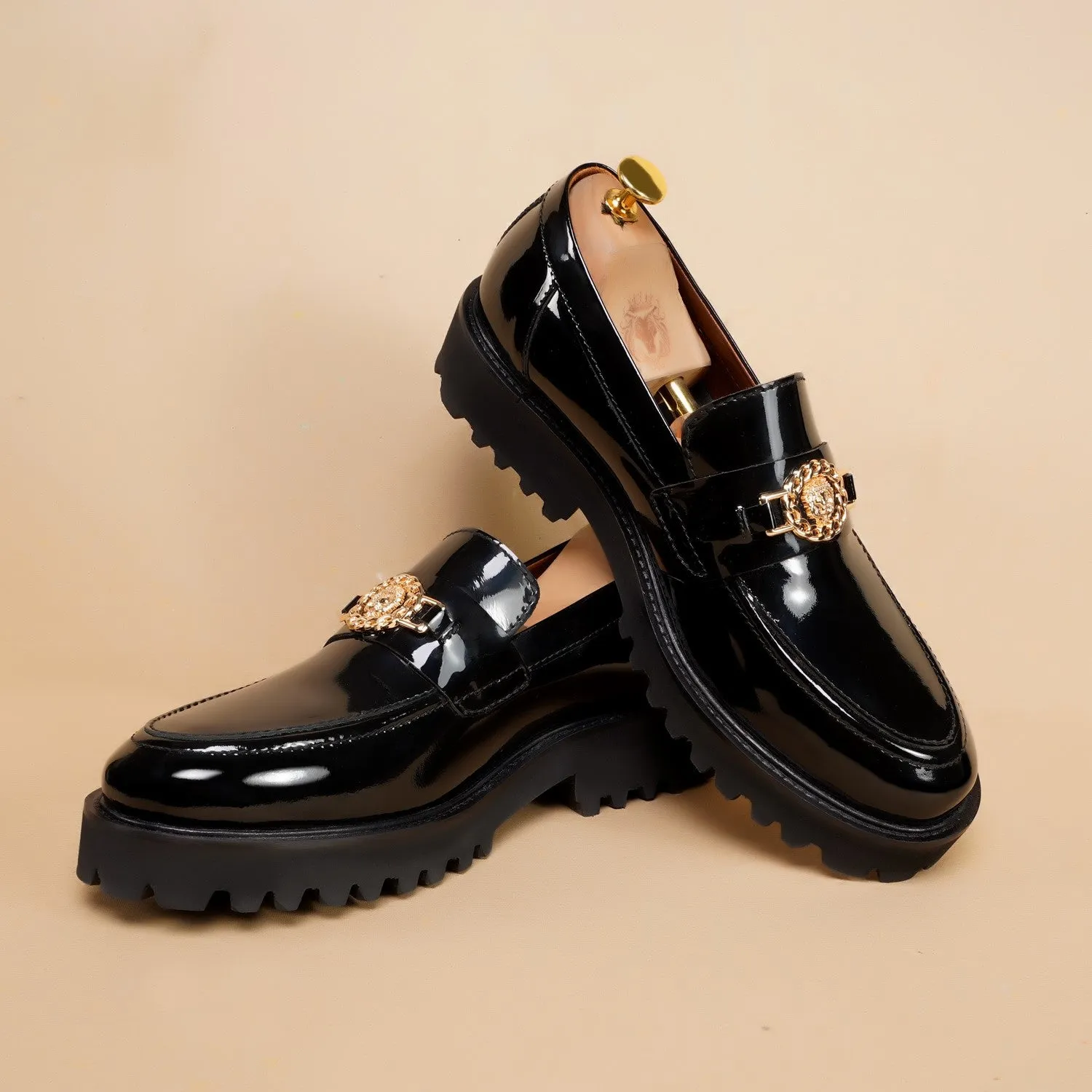 Patent Leather Super Chunky Sole Black Loafers with Golden Lion Logo