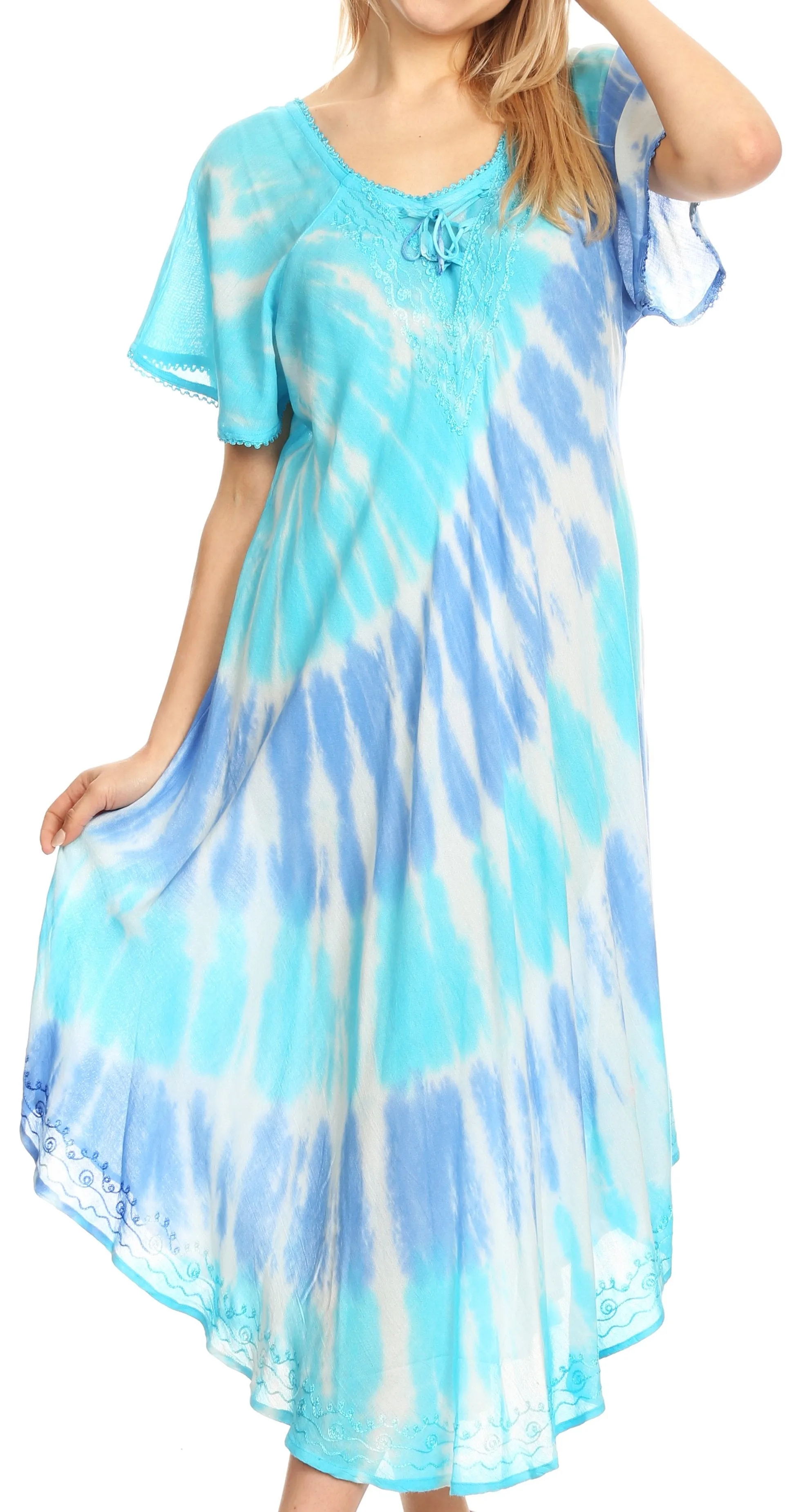 Sakkas Dalida Women's Short Sleeve Corset Tie dye Embroidered Flared Dress