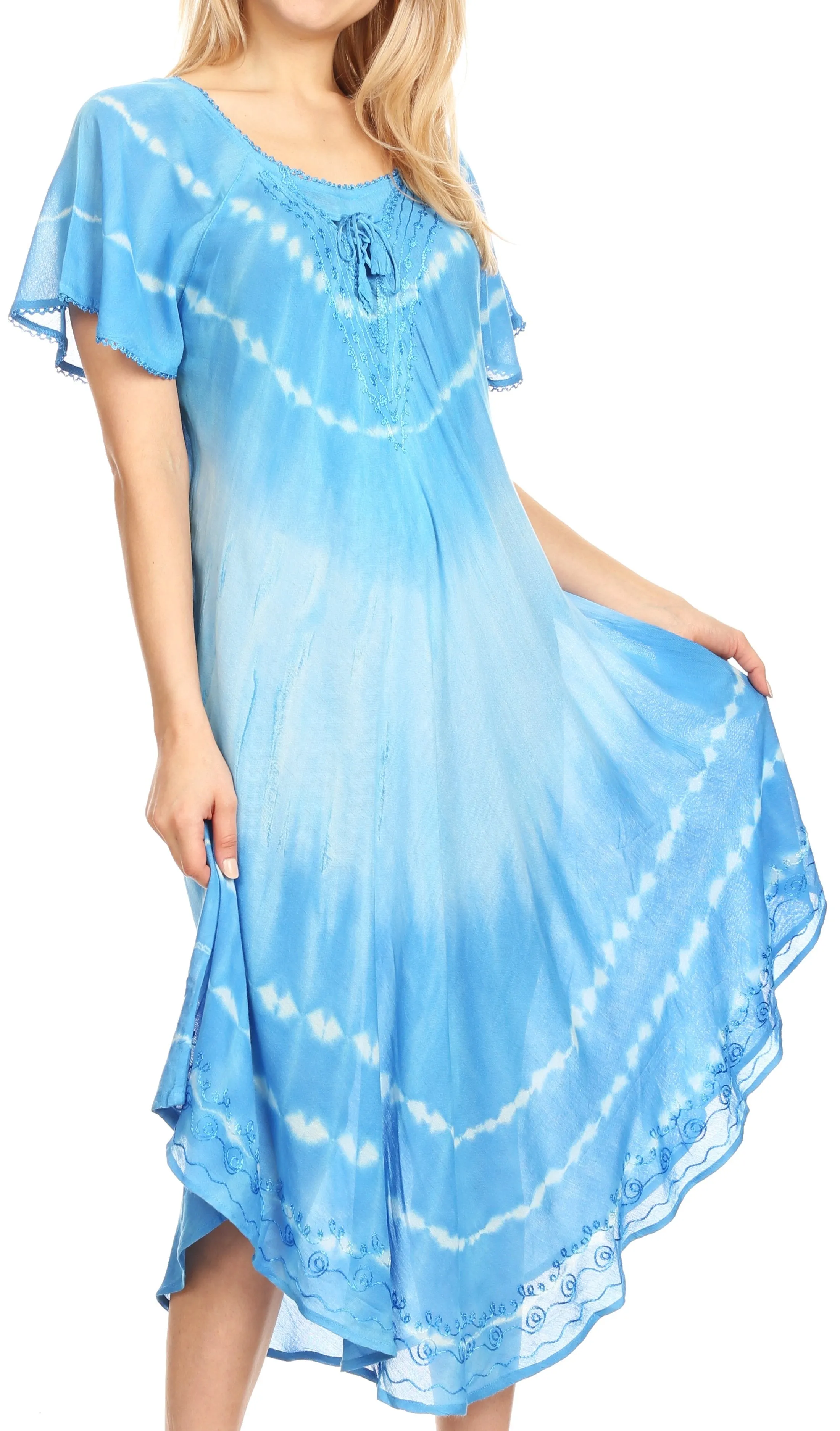 Sakkas Dalida Women's Short Sleeve Corset Tie dye Embroidered Flared Dress