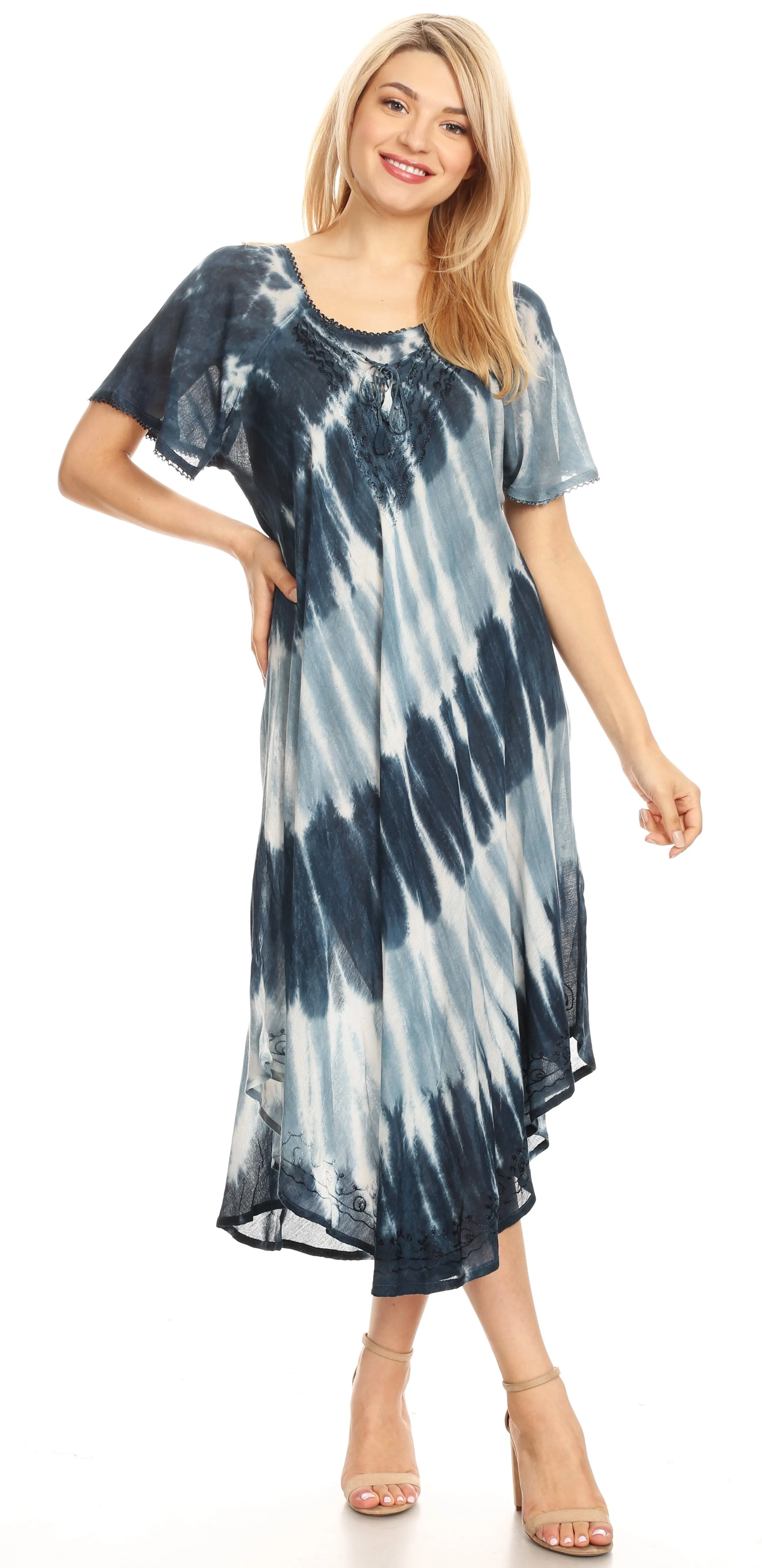 Sakkas Dalida Women's Short Sleeve Corset Tie dye Embroidered Flared Dress