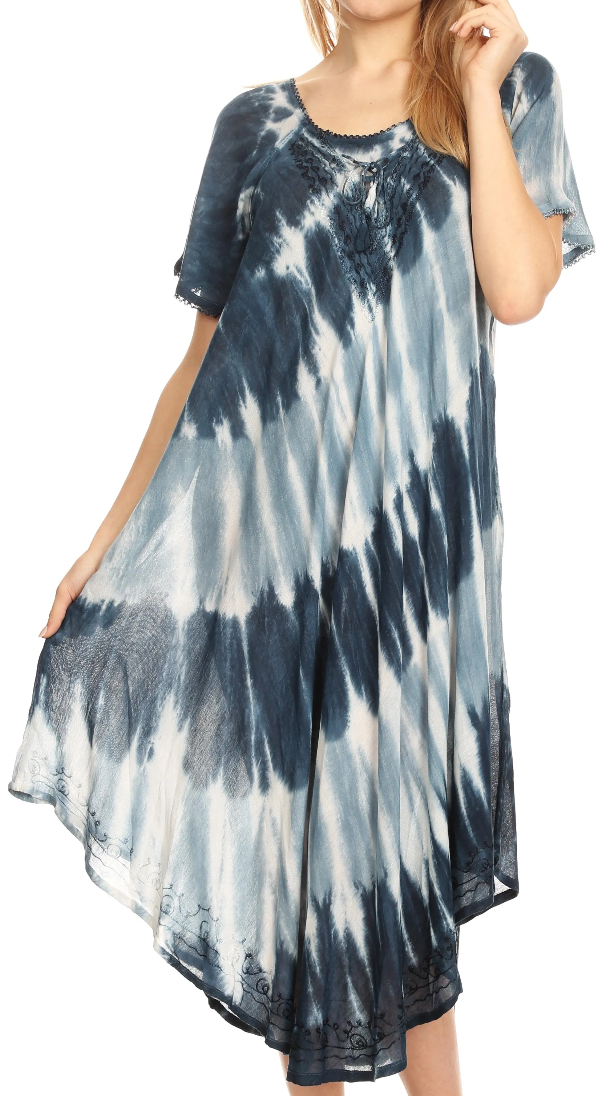 Sakkas Dalida Women's Short Sleeve Corset Tie dye Embroidered Flared Dress