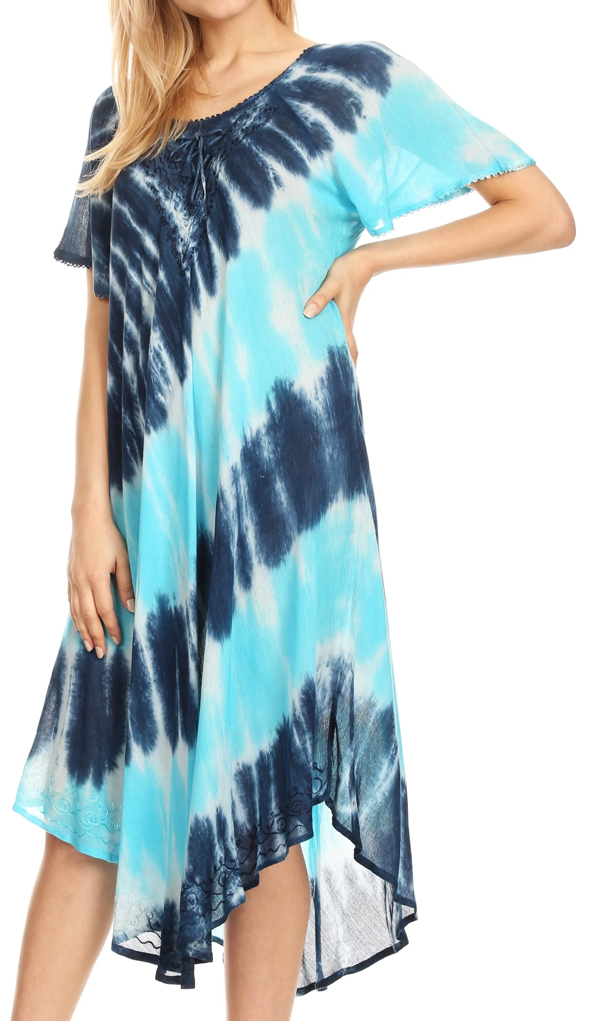 Sakkas Dalida Women's Short Sleeve Corset Tie dye Embroidered Flared Dress