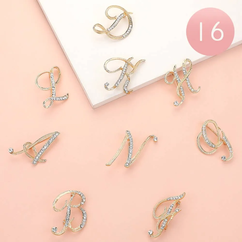 Stone Paved Monogram Initial Letter Pin Brooches