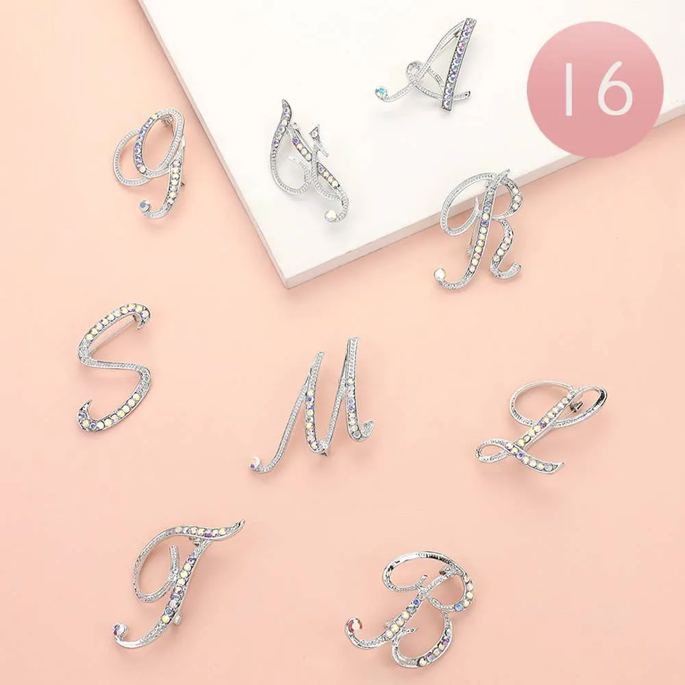 Stone Paved Monogram Initial Letter Pin Brooches