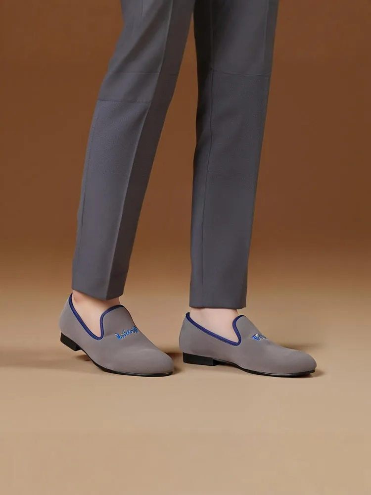 Summer new British style casual slip-on smoking shoes gray velvet embroidered trendy men's slip-on loafers