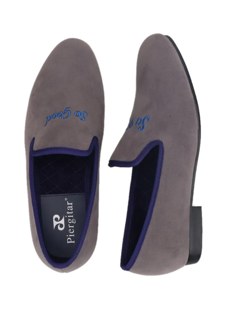 Summer new British style casual slip-on smoking shoes gray velvet embroidered trendy men's slip-on loafers