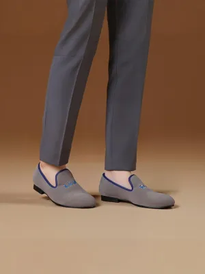 Summer new British style casual slip-on smoking shoes gray velvet embroidered trendy men's slip-on loafers