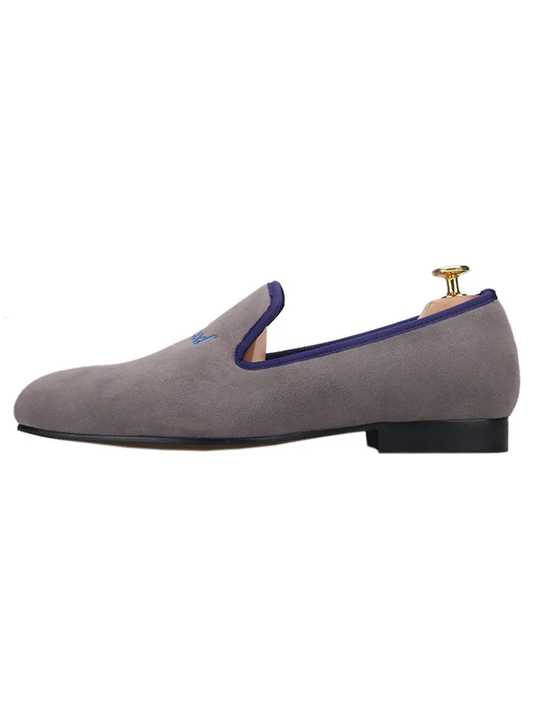 Summer new British style casual slip-on smoking shoes gray velvet embroidered trendy men's slip-on loafers