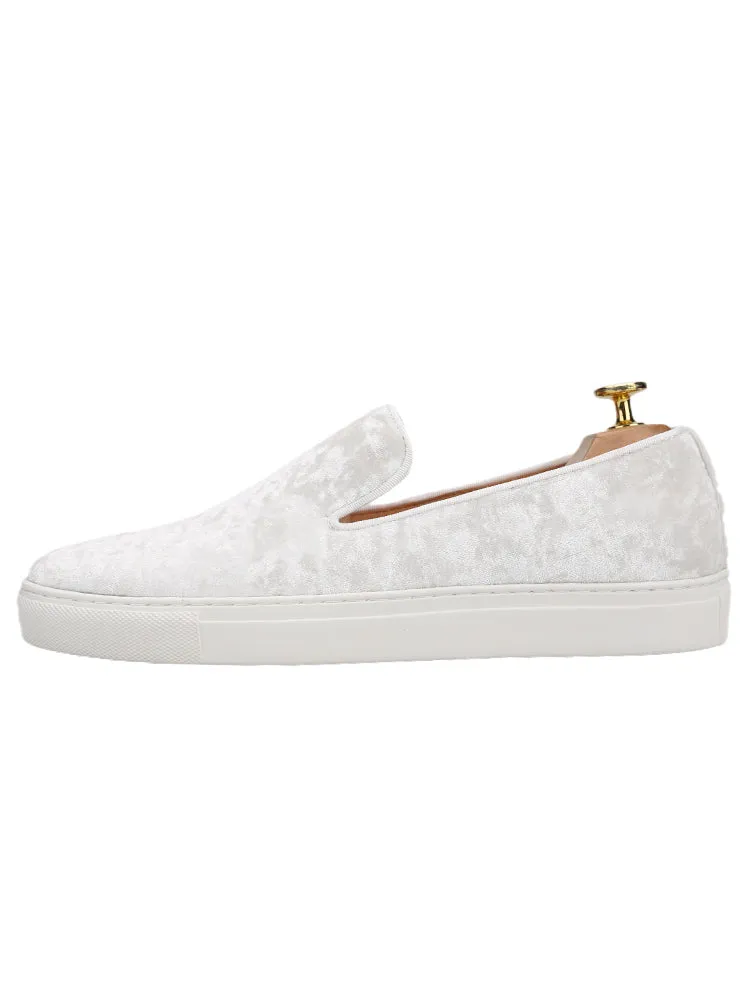 White thick-soled loafers with diamond pattern velvet surface small white slip-on slip-on slip-on casual sneakers for men