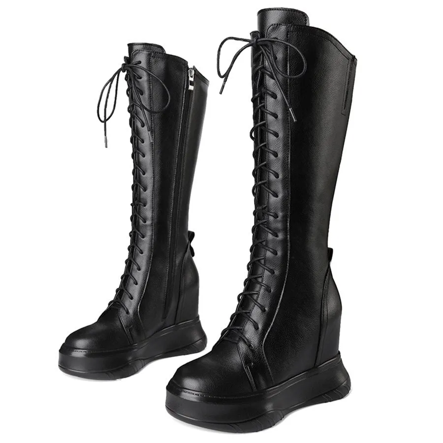 Women Lace Up Cow Leather High Heel Mid Calf Military Boots Round Toe