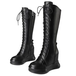 Women Lace Up Cow Leather High Heel Mid Calf Military Boots Round Toe