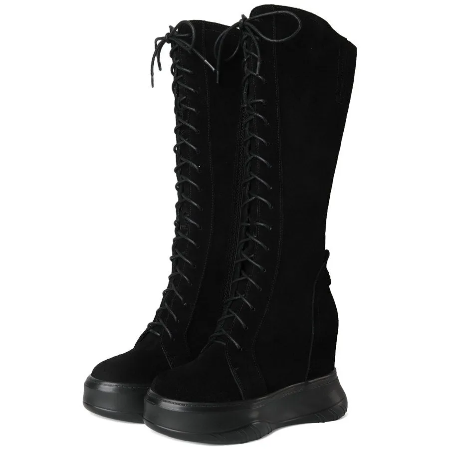 Women Lace Up Cow Leather High Heel Mid Calf Military Boots Round Toe