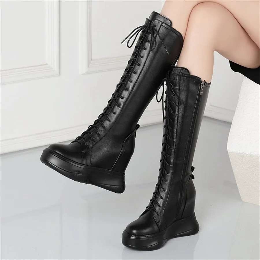 Women Lace Up Cow Leather High Heel Mid Calf Military Boots Round Toe