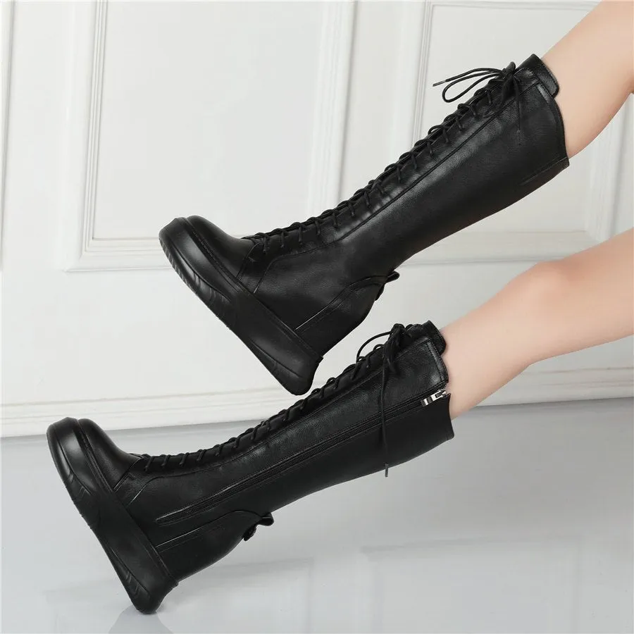 Women Lace Up Cow Leather High Heel Mid Calf Military Boots Round Toe