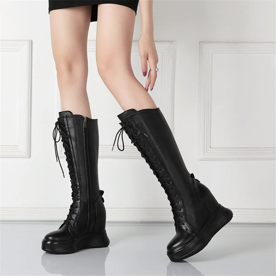 Women Lace Up Cow Leather High Heel Mid Calf Military Boots Round Toe