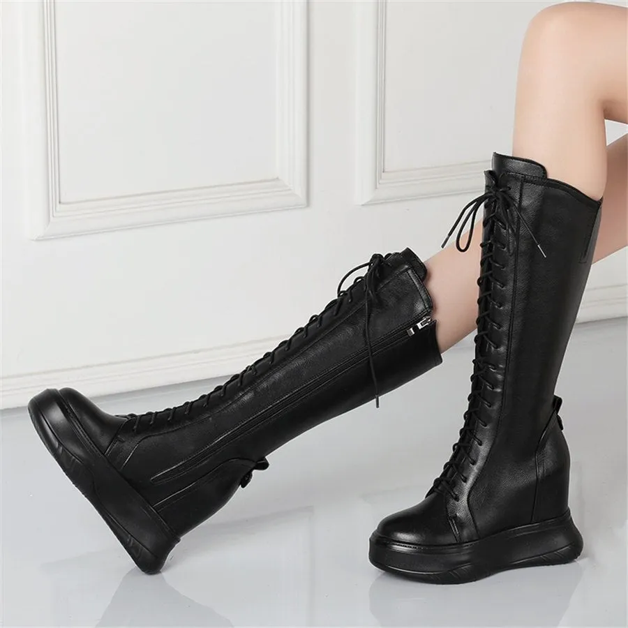 Women Lace Up Cow Leather High Heel Mid Calf Military Boots Round Toe