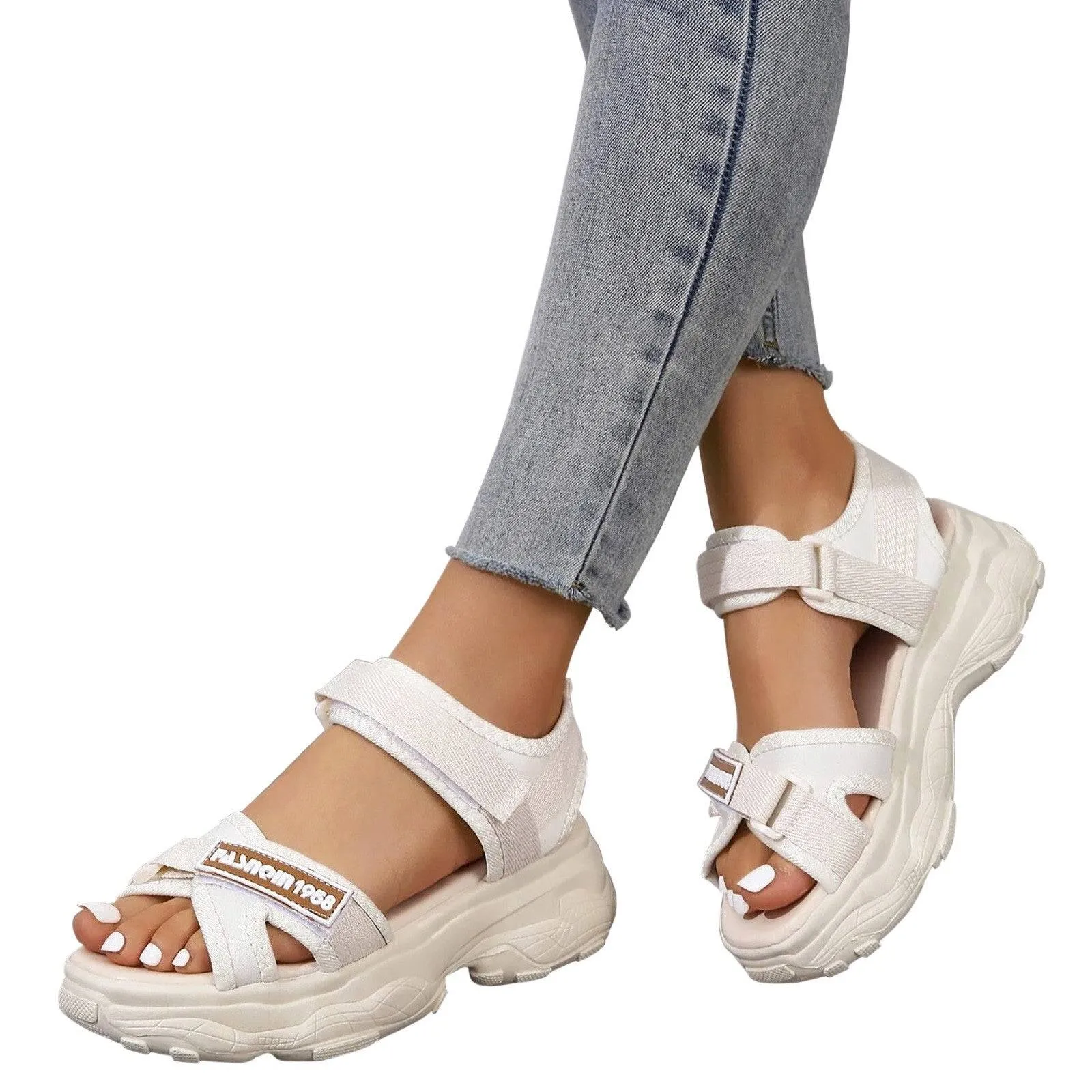 Women’s sporty sandals with hook and loop strap, striped design and ankle support
