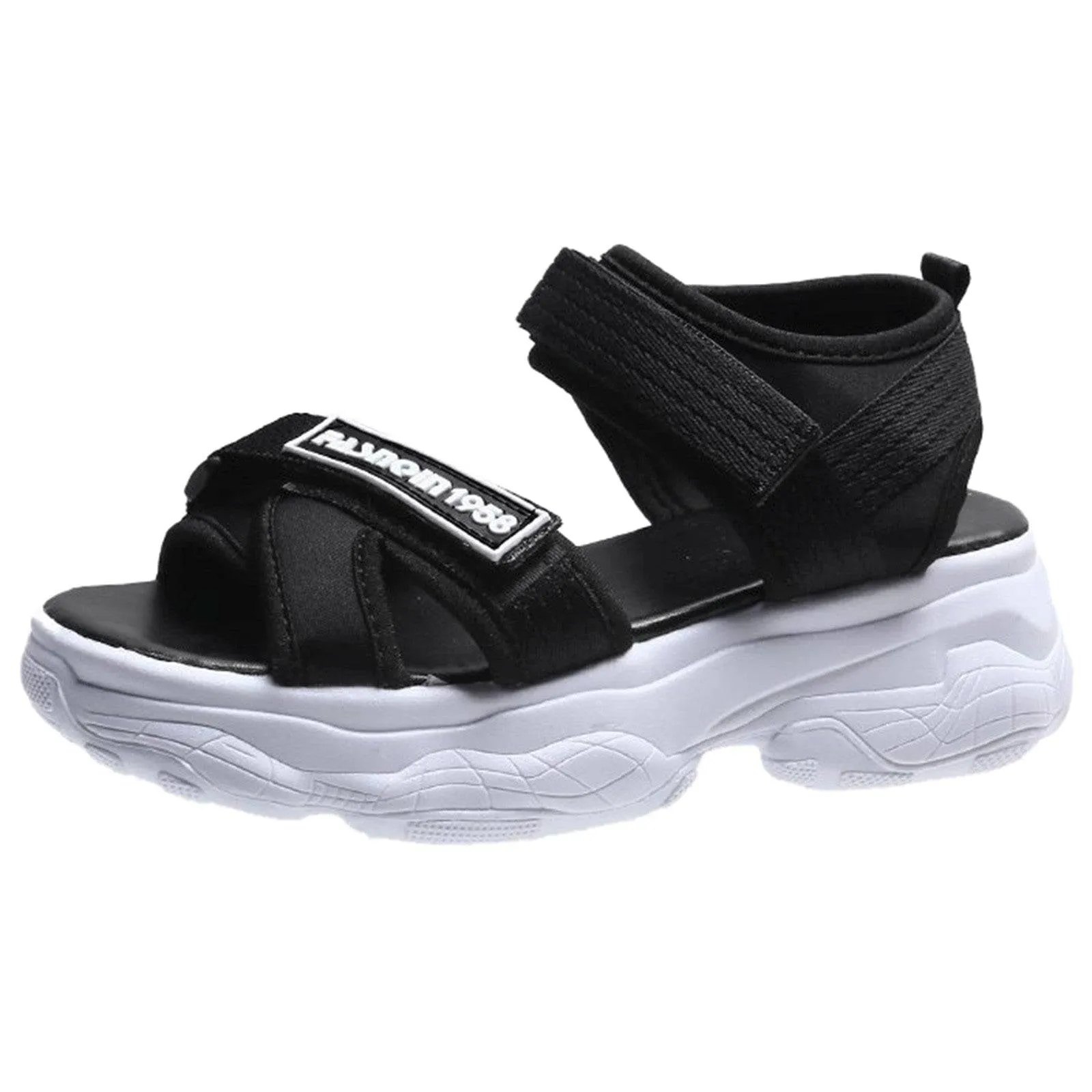 Women’s sporty sandals with hook and loop strap, striped design and ankle support