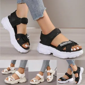 Women’s sporty sandals with hook and loop strap, striped design and ankle support